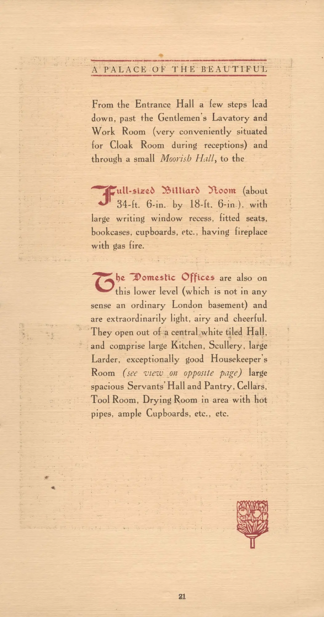 Brochure page describing the Billiard Room and Domestic Offices